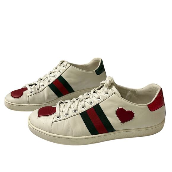 Gucci Ace Web Heart Leather Sneakers White Red Green Size 37.5 / US 7.5 - Picture 4 of 14